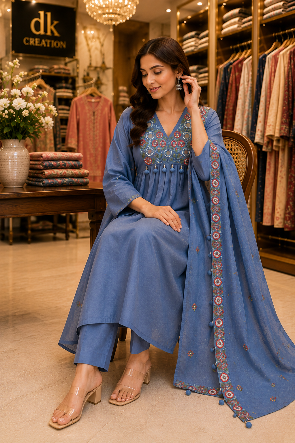 Pure Cotton A-Line Kurti Pant And Dupatta Set