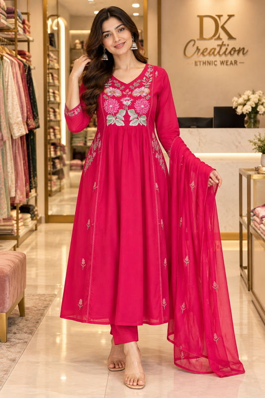 Pure Mul Cotton A-Line Embroidery Suit