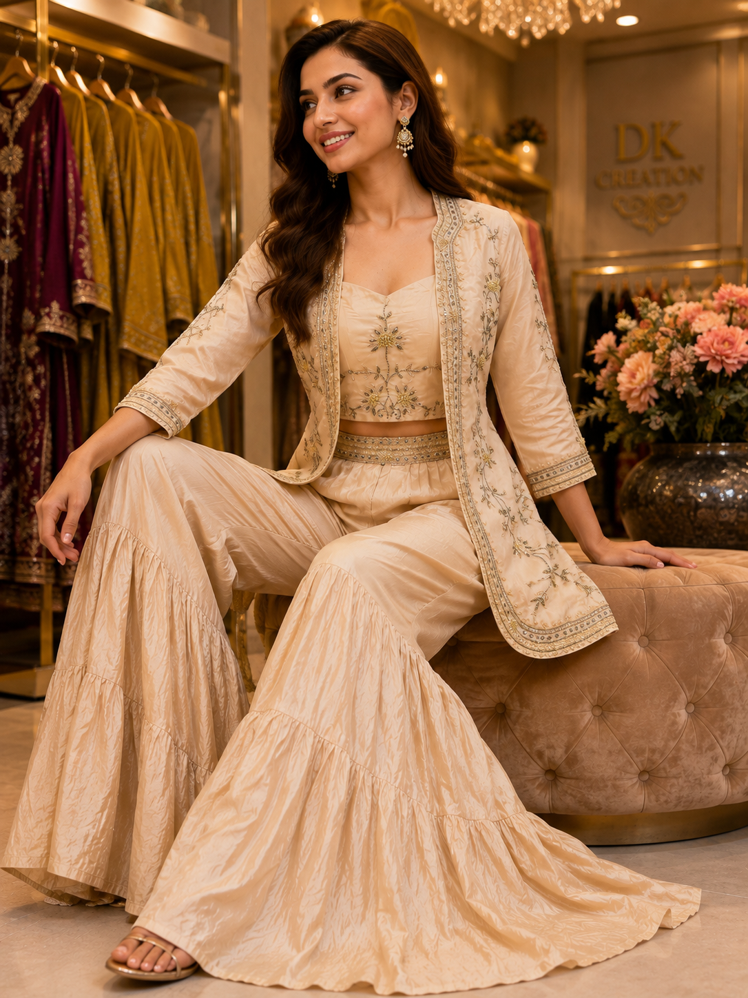 Ivory Floral Handwork Indo-Western Set