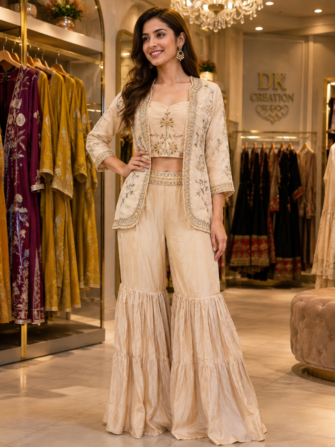 Ivory Floral Handwork Indo-Western Set
