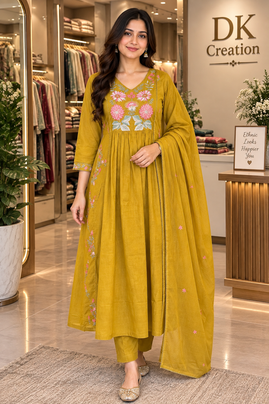 Pure Mul Cotton A-Line Embroidery Suit
