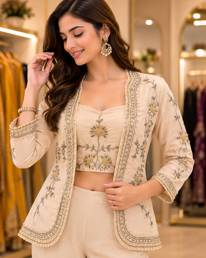 Ivory Floral Handwork Indo-Western Set