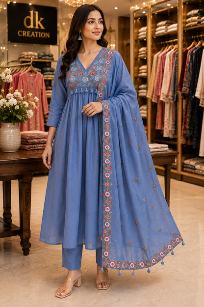Pure Cotton A-Line Kurti Pant And Dupatta Set