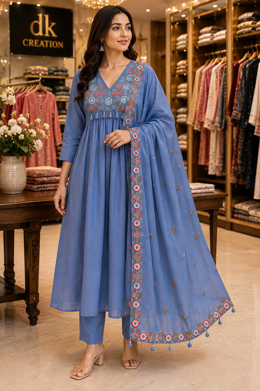Pure Cotton A-Line Kurti Pant And Dupatta Set