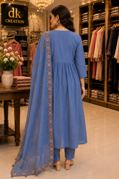 Pure Cotton A-Line Kurti Pant And Dupatta Set