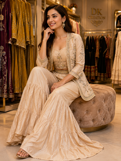 Ivory Floral Handwork Indo-Western Set